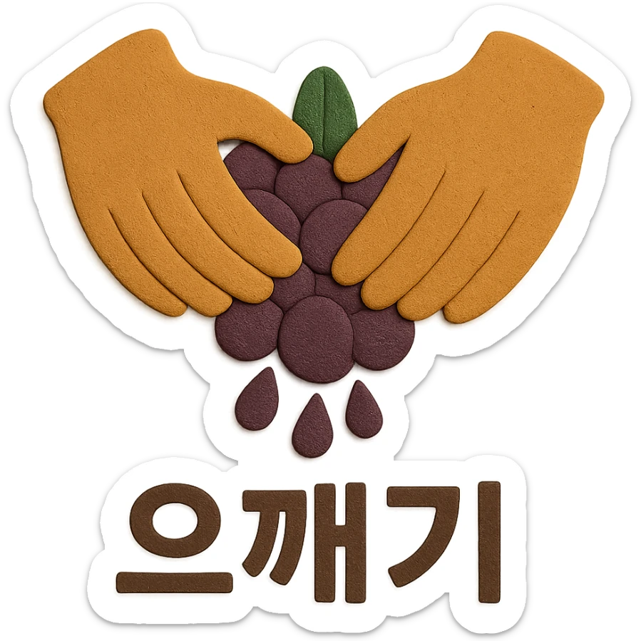 In paper craft style, depict the action of crushing grapes by hand. Add the Korean text '으깨기' at the bottom of the icon with no background behind the text, ensuring consistency with other icons. Background should be transparent with no fill behind the text or icon. sticker