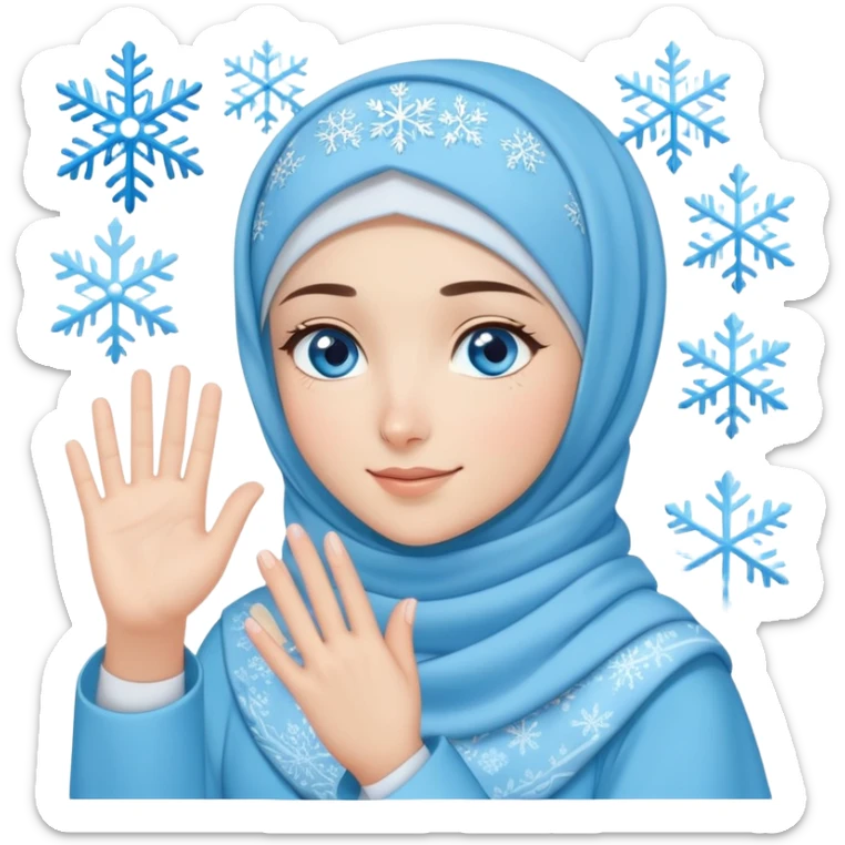 Turkish beautiful finish Konya girl blue eyes with light blue winter design hijab islamic dress and had on her hand snowflakes and she wave one's hand sticker