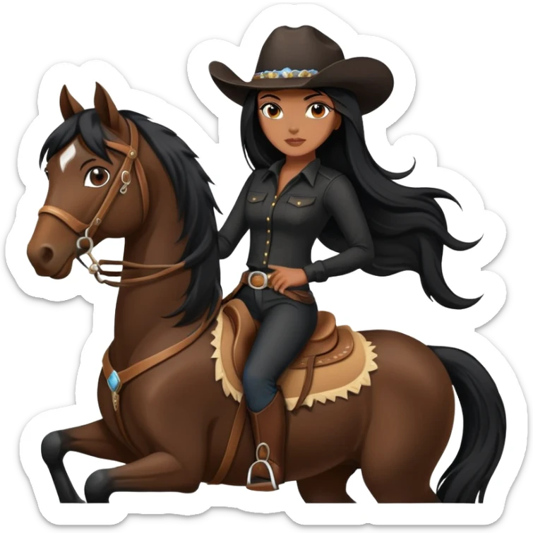 confident hot tanned woman with long black hair wearing black outfit riding a horse cowgirl style sticker