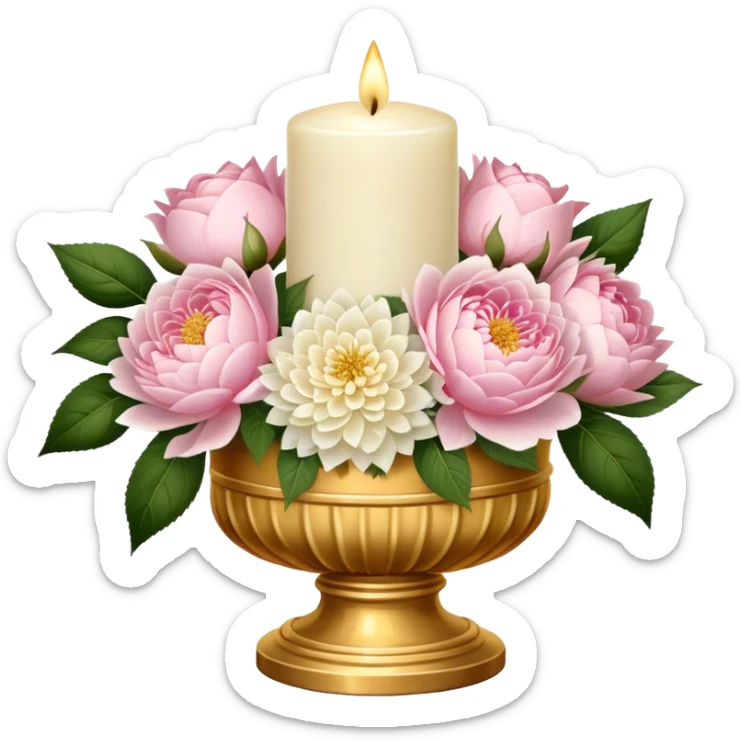 An elegant ivory candle in a golden holder, surrounded by a lush bouquet of soft pink roses, white peonies, and blush dahlias, flickering gently in the dim candlelight. sticker