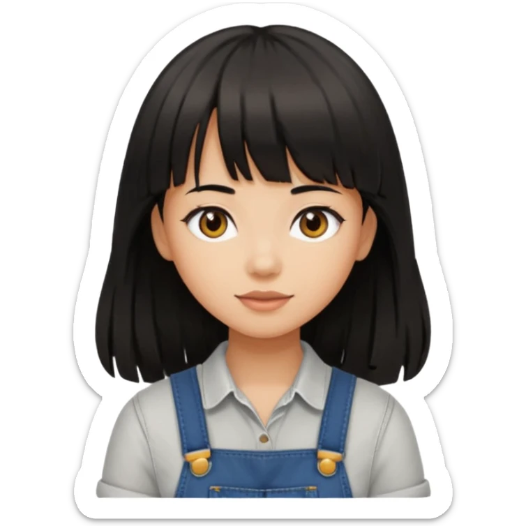 Make it a girl wil long hair like this and look like this  she has brown ish black hair and if has bangs with black overalls and a white shirt she’s not asian sticker