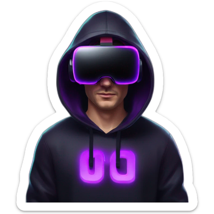 Russian man in the black hoody with violet OMG VR logo on it wearing vr headset oculus quest 2. Cyberpunk style. Violet neon. sticker
