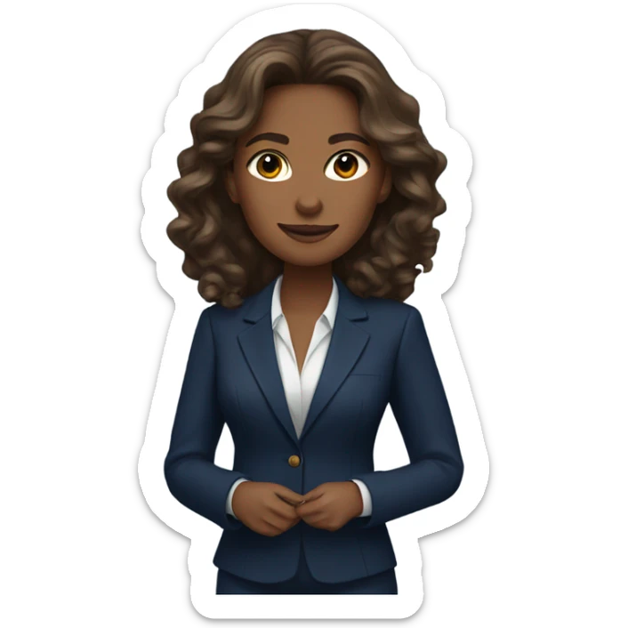 beautiful business woman with brown, long, wavy hair wearing a navy blue suit sticker