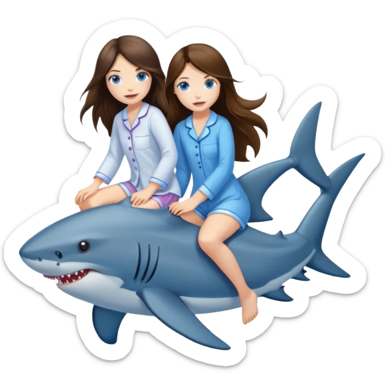 two brunette long hair girl blue eyes in pyjamas riding two shark sticker