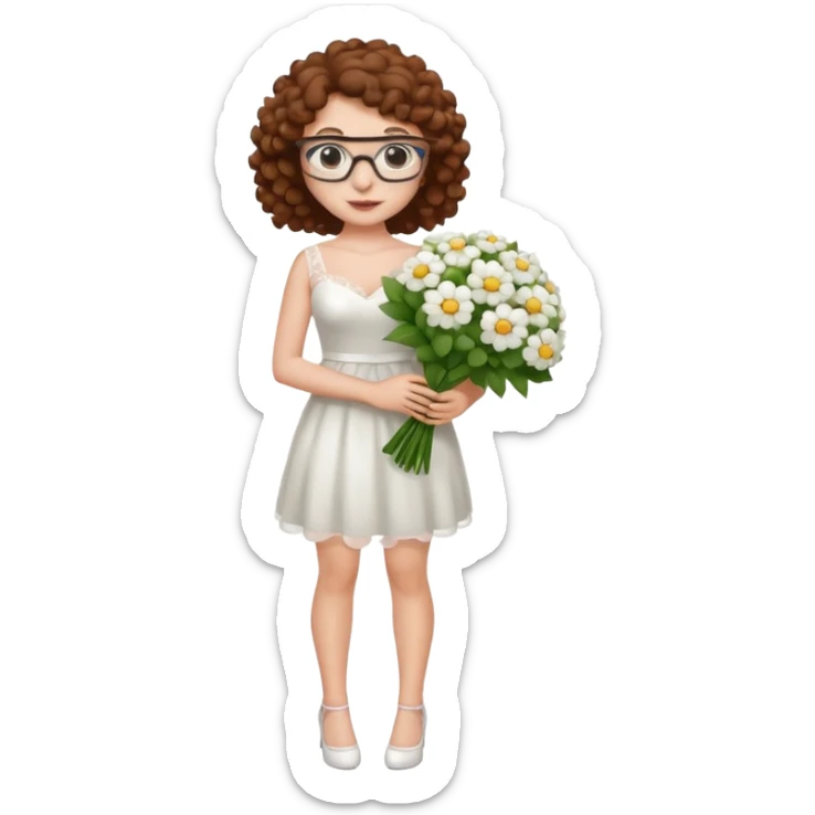 Chica blanca, pelo rizado y castaño,gafas, vestido novia corto, cuerpo entero sticker