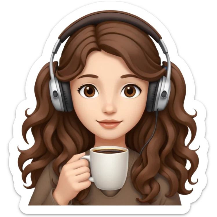 A girl with brown wavy long hair, wearing headphones on her head and holding coffee in her hand SHe has delicate facial features sticker
