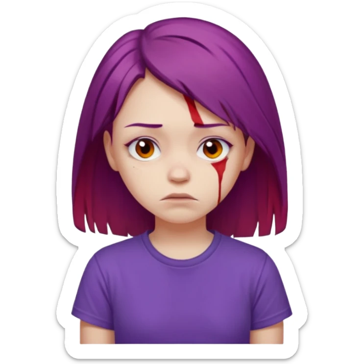 Young girl with red, damaged, and unattractive hair, wearing a purple T-shirt, with a sad face. sticker