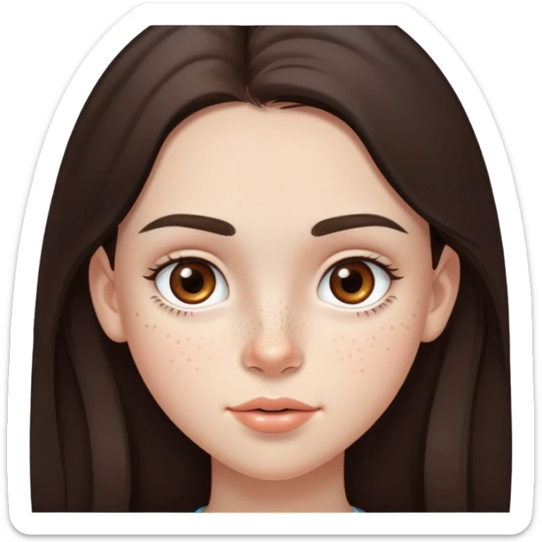 A 12-year-old girl with very long dark brown hair, light brown eyes, thick eyebrows, slightly big lips, with only two freckles - just one small freckle on her cheek and one small freckle under her eye sticker