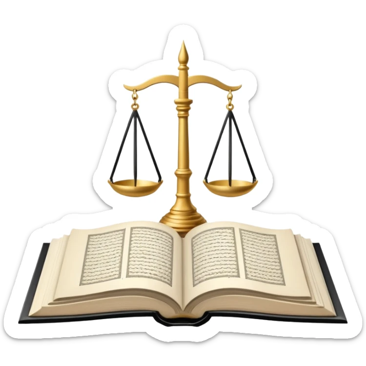 
an open Koran lies, in the center of its pages the scales of justice hover, in the background a mosque is visible, and from the Koran a road diverges, going off into the horizon sticker