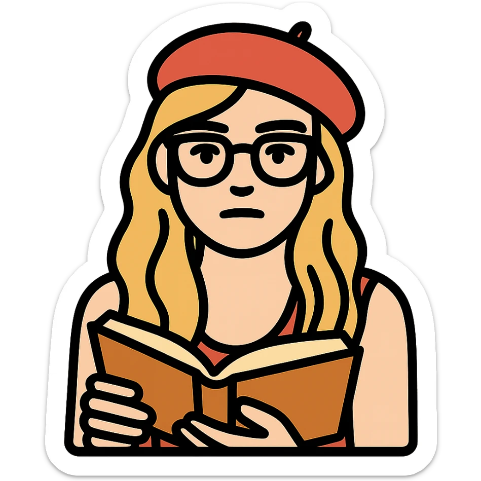 Add glasses and a beret to the heroine, maintaining a thoughtful look with a book. sticker