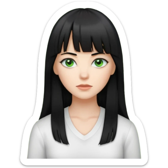 A white woman with Long straight hair with bangs, black hair, green eyes and a low-cut shirt sticker