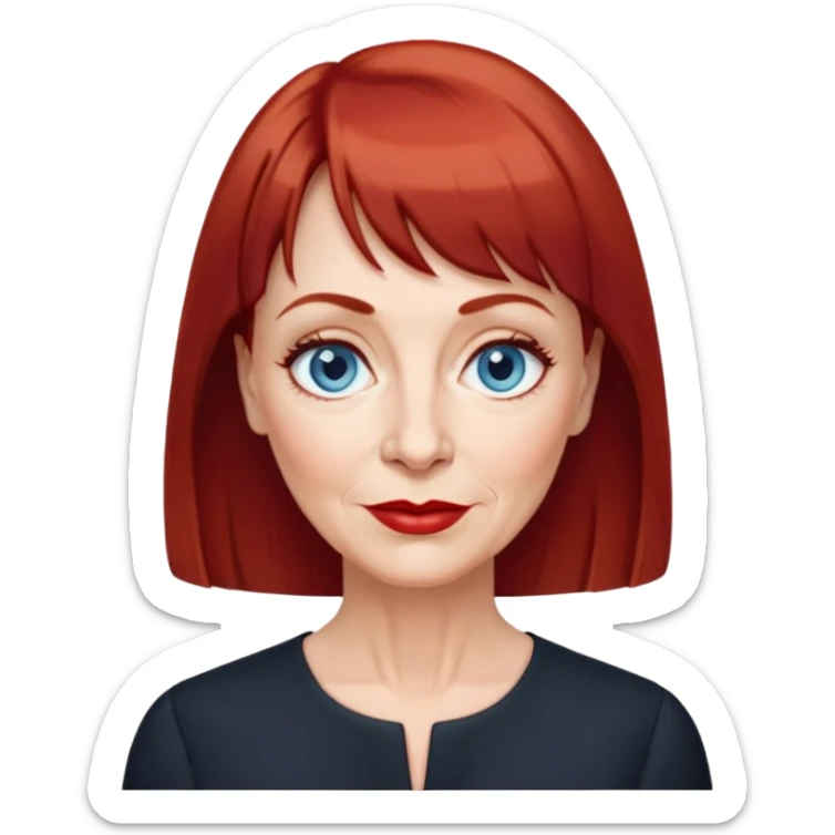 Older woman in her early 60s with fair skin, wider oval face, noticeable age lines, blue eyes, thin eyebrows, small nose, red lips, dark red hair with straight bangs, wearing a black blouse sticker