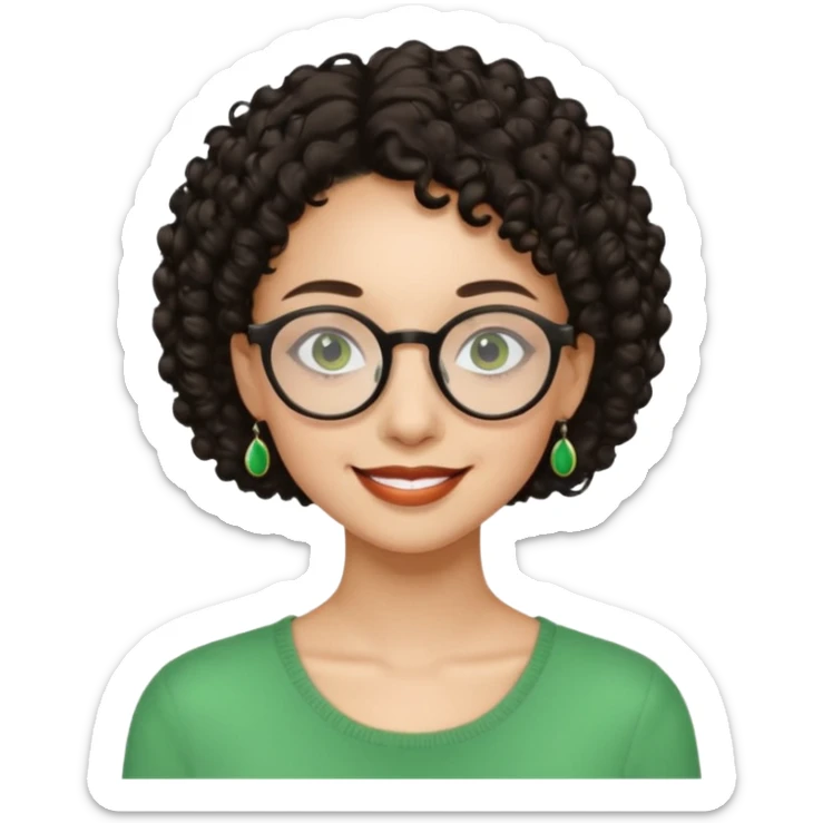 Very slim woman, light skin, short dark curly hair, black round glasses, green earrings, thin build, warm smiling face. Cartoon style. sticker