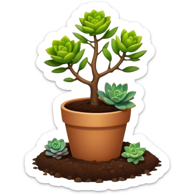 Close-up of a potted sapling in rich soil surrounded by vibrant plants and succulents. Bright sunlight filters through the window, casting soft shadows. Nearby gardening tools rest on a wooden table. Cozy indoor atmosphere with greenery and flowers. sticker