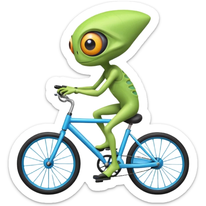 one-eyed alien riding a bicycle, large single eye, colorful skin, funny balance pose, cute sci-fi style, 3D cartoon, mobile game icon style, clean background, no text, no watermark
 sticker