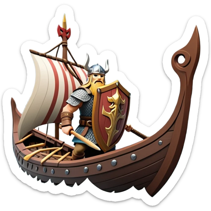 clash-of-clans-aesthetic_-cinematic-viking-longboat, rendered in a flat, bold vector style with minimal shading, featuring a striking dragon-headed prow slicing through icy, churning waters. shields on the side and vikings rowing The longboat’s intricately detailed shields and carved motifs evoke a sense of epic adventure and Nordic might, with billowing sails catching a dramatic, stormy sky backdrop. sticker