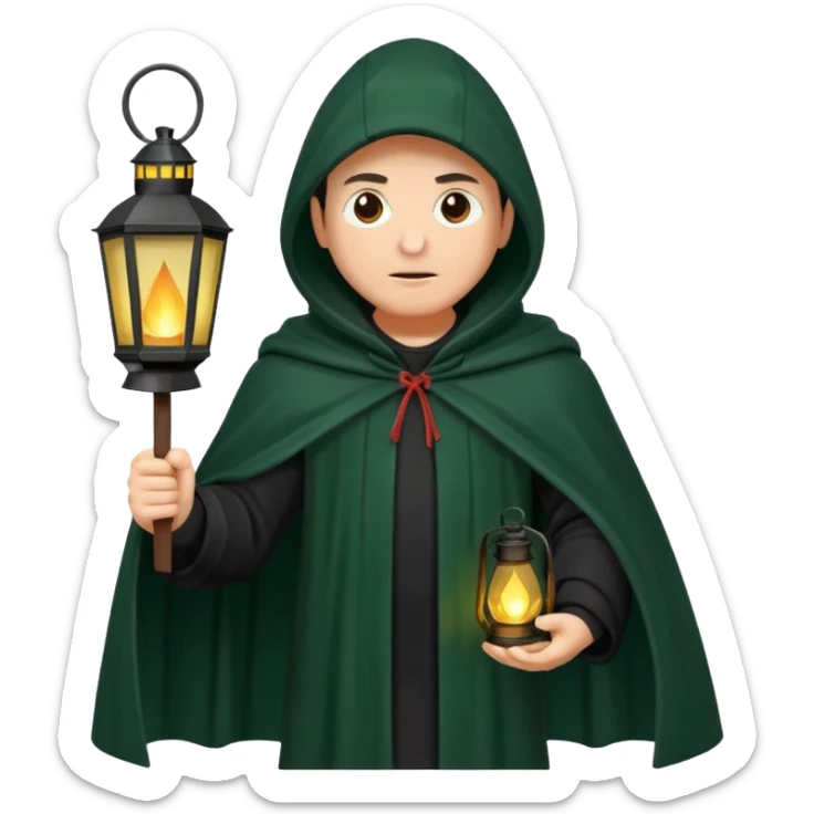 traitor tv show, person wearing dark green cloak with hood up who looks evil and is holding up a lantern sticker