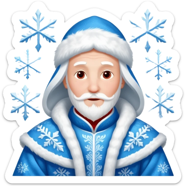 Legendary fantasy human Christmas portrait icon, Grandfather Frost and Snow Maiden style, traditional winter robe with fur, magical snow patterns, kind powerful expression, icy blue and white colors with red accents, classic Slavic winter fairy tale mood, clean readable emoji style, male/female sticker