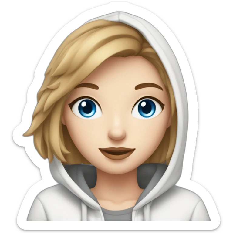 beautiful girl with computer,blue eyes,beautiful girl with short hair with computer,blue eyes,white skin, makeup, hoodie,short light-brown hair,code in background sticker