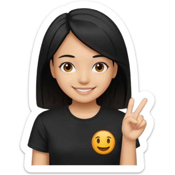 a pretty bratz girl with straight black hair,  wearing a black tshirt sticker