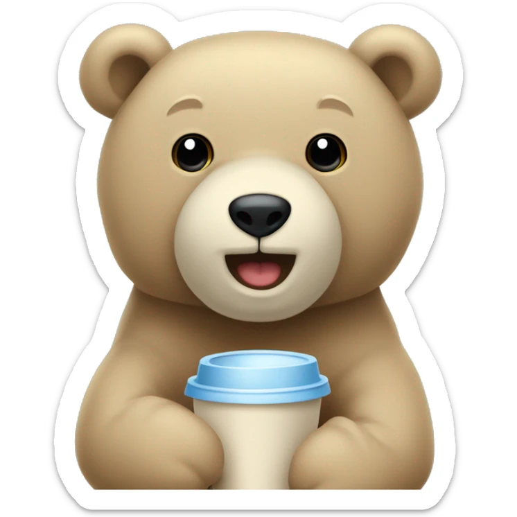 Un Oso de peluche beige, con nariz café, cuerpo flacucho y pañal azul claro, con un volado azul claro y amarillo claro  sticker