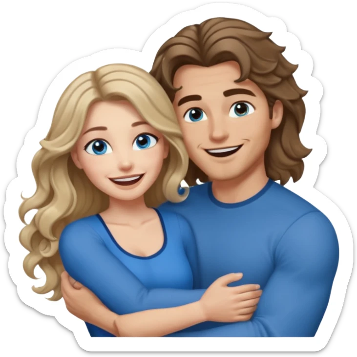 Women with blue eyes and very long, brown blond balayage curled hair in the arms of a man with strong arms a straight face, a very sexy man blue eyes. They are laughing at each other. He has dark brown hair: A fade haircut down to skin and is light skinned  sticker