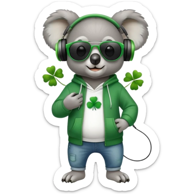 anthropomorphised koala, full body, wearing a hoodie and jeans, dark sunglasses, headphones, dressed for St. Patrick's Day, different pose sticker