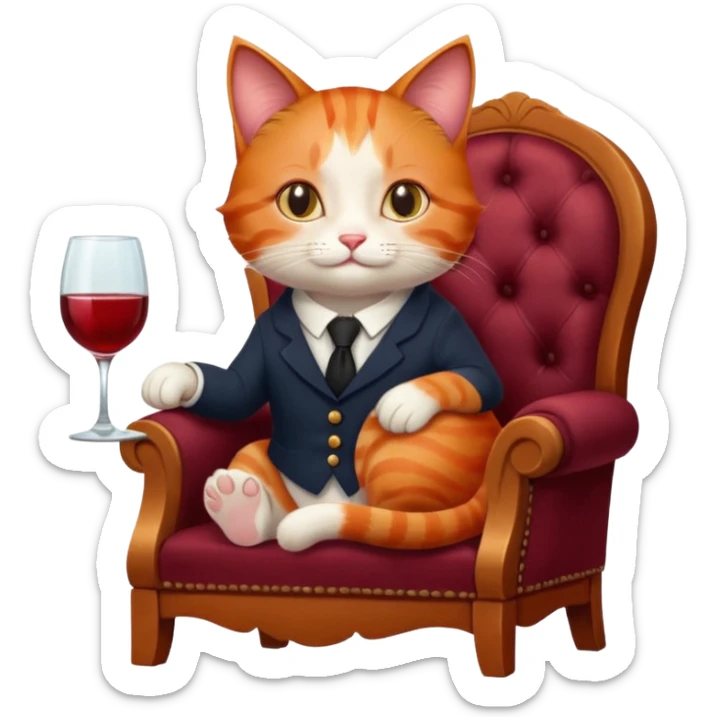 Redhead cat sitting on chair with the glass of wine  sticker