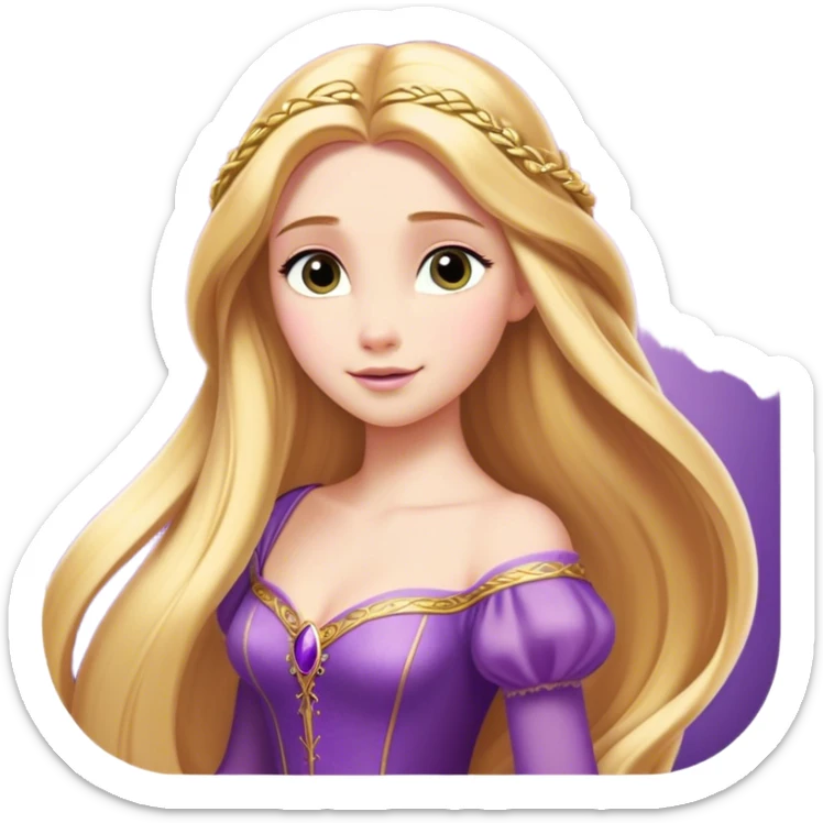 Cinematic Majestic Rapunzel Portrait Emoji, rendered in a clean, vector-style with bold, simplified shapes. Show Rapunzel with a serene, graceful expression, luminous fair skin, and elegantly styled long golden hair, accented by her classic purple gown. The design radiates a majestic, dreamlike glow with high shine and a soft glowing outline, embodying regal beauty. sticker