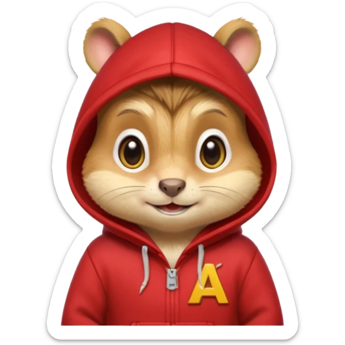 Portrait of a cartoon chipmunk with light brown and beige fur, wearing a red hoodie with a yellow 'A' on it, big round eyes, small nose, and a mischievous grin, front-facing, stylized in animated movie style sticker