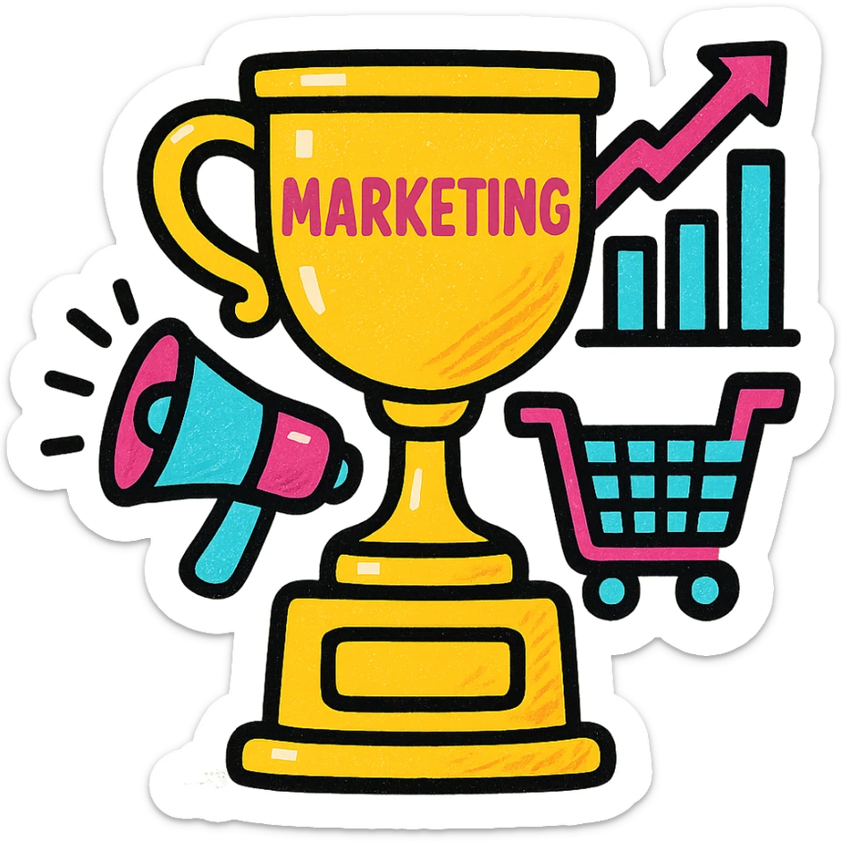 winner's cup trophy symbolizing marketing success with marketing icons, modern vibrant style, suitable for business branding sticker