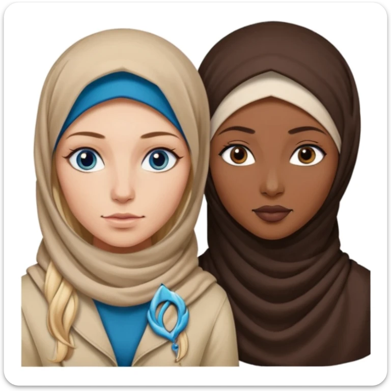 white girl with long blonde hair, blue eyes, tattoos, a septum nose piercing, and a dark skinned woman in a hijab with brown eyes sticker