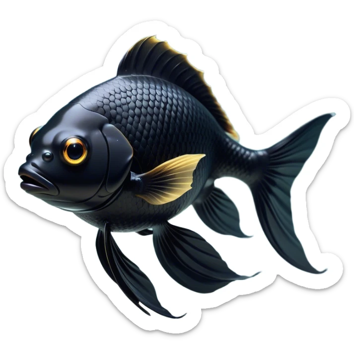 Cinematic Noble Black Goldfish Portrait Emoji, Poised and regal, with a sleek, streamlined build and a lustrous, deep black body, deep-set soulful golden eyes, Simplified yet sharp and sophisticated features, highly detailed, glowing with a soft, dignified glow, high shine, intelligent and graceful, stylized with an air of aquatic elegance, focused and attentive, soft glowing outline, capturing the essence of a watchful and confident aquatic companion, so majestic it feels as though it could glide out of the screen with effortless authority! sticker