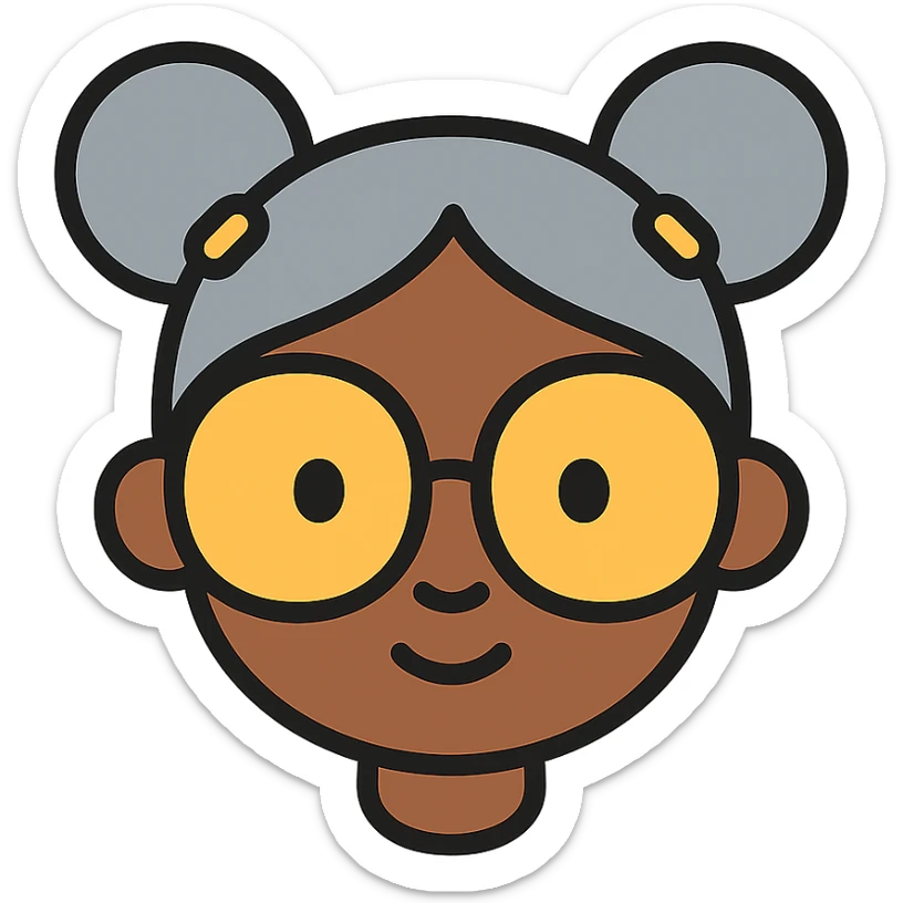 african american girl head with oversize glasses and gray hair in bunches, color outline icon sticker