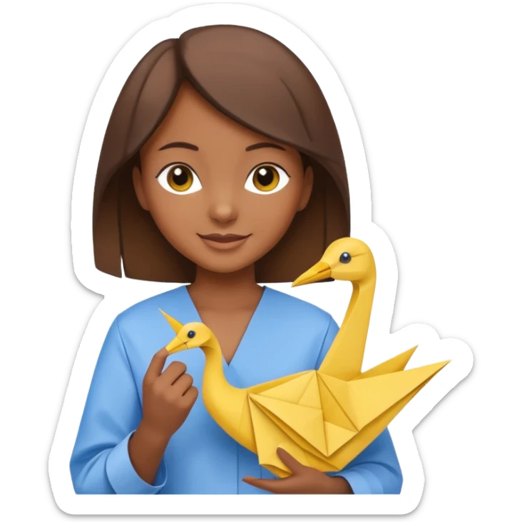 happy-african-young-girl-with-brown-hair-in-a-white-kanga-shirt-holds-an-origami-yellow-and-blue-crane sticker