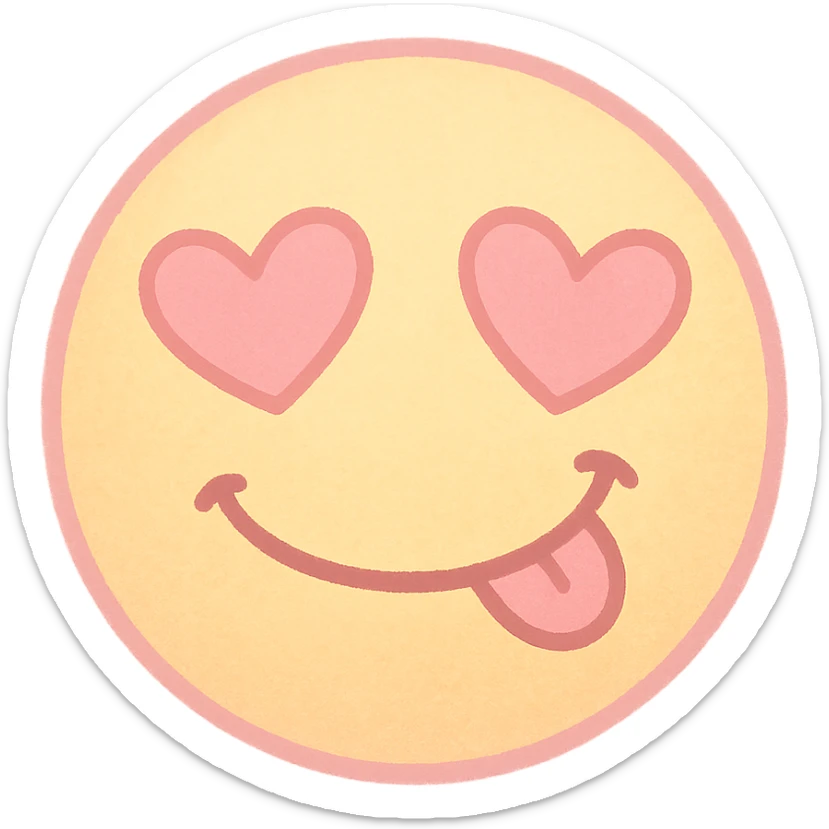 cute emoji, heart eyes, playful grin, pastel pink and yellow, no background sticker