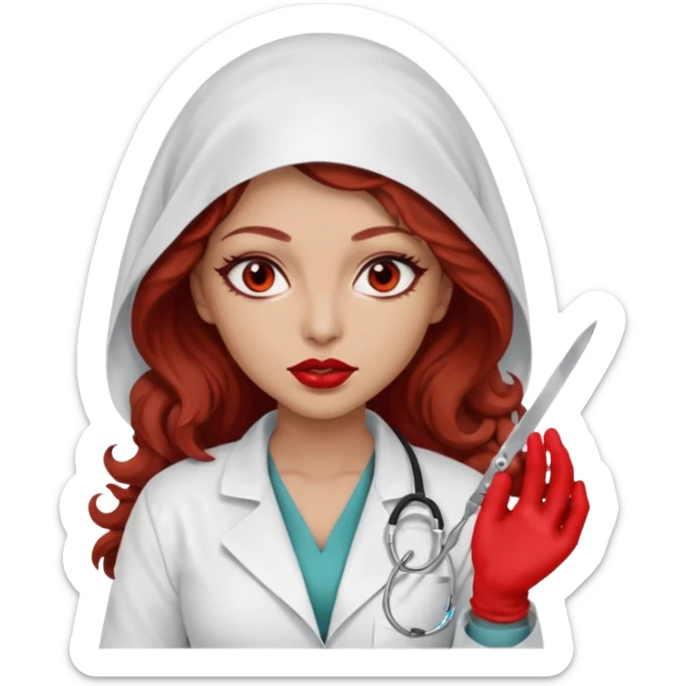 Scary woman scalpel in hand, evil surgeon sexy surgeon clothes.  She has red eyes. Her  brown long curly hair. Wears sexy doctor outfit with red gloves. make her hair free and brown but she  wear mouth cover   to hide. Wears white surgeon jacket and hijab cover lips  sticker