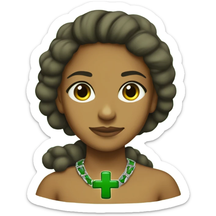 brown girl with green cross necklace on her forehead and besides it, the word Jasper written on the right side, in green letters sticker