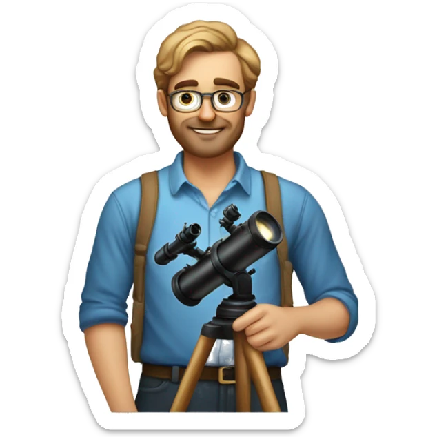 astronomer with a telescope and his shirt titled as "ASTRONOMERS CLUB" sticker