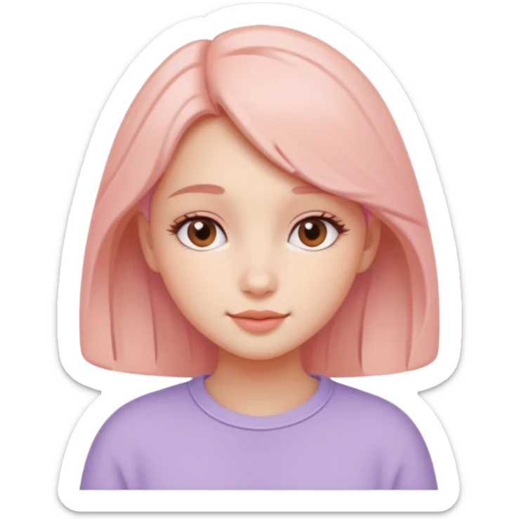 Create a cohesive set of 8 emoji-style icons that represent a kind-hearted, very lovable girl (head-and-shoulders). Requirements: soft, rounded shapes and friendly proportions; warm pastel color palette (peach skin undertone options, blush pink, warm lavender accents);  sticker