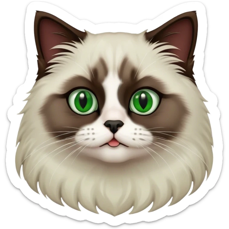 Dark Brown ragdoll cat with a white chest and green eyes and a black nose and mouth sticker