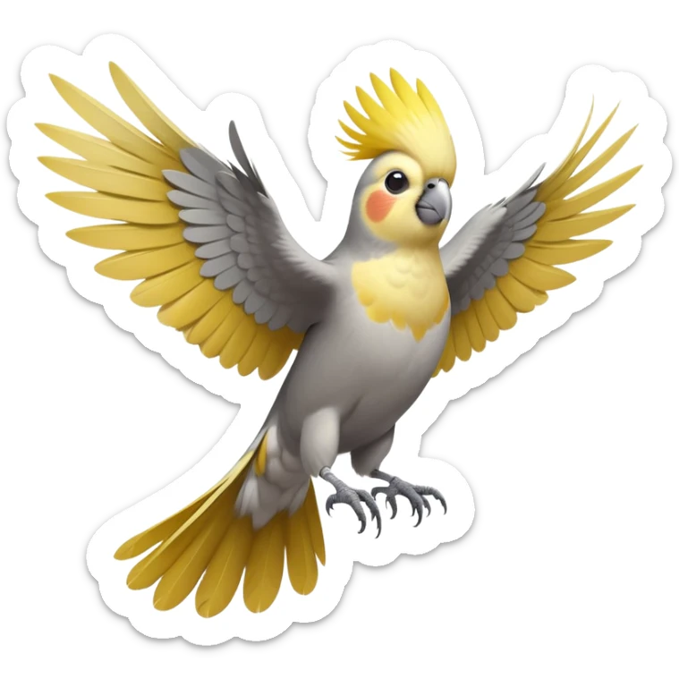 cinematic-[cockatiel]-realistic-full-body-perched-emoji,-wings-out-flying,-head-tilted-dramatically,-sleek-[yellow and grey]-feathers,-simplified-yet-realistic-focused-features,-highly-detailed,-glowing-with-an-almost-sarcastic-glow sticker