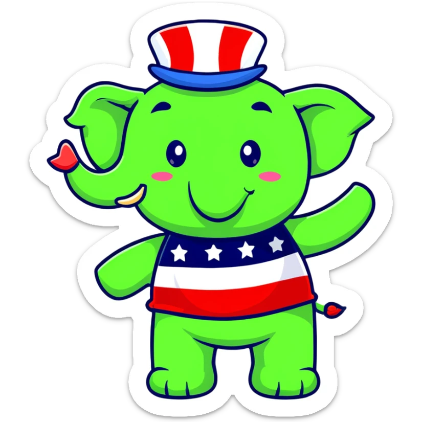 cute red elephant, cartoon style, simple and round like iOS emoji, wearing a patriotic top hat, ideal for digital stickers sticker
