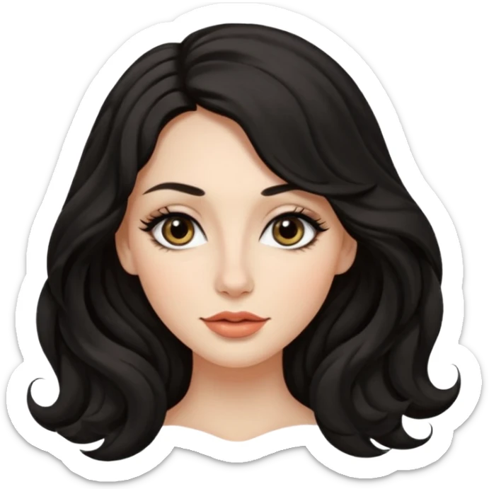 persona mujer con piel clara y ondas color negro y largos  y sin volumen y con delineador en los ojos y con los labios medianos, ojos almendrados y nariz respringada y el fondo blanco  sticker
