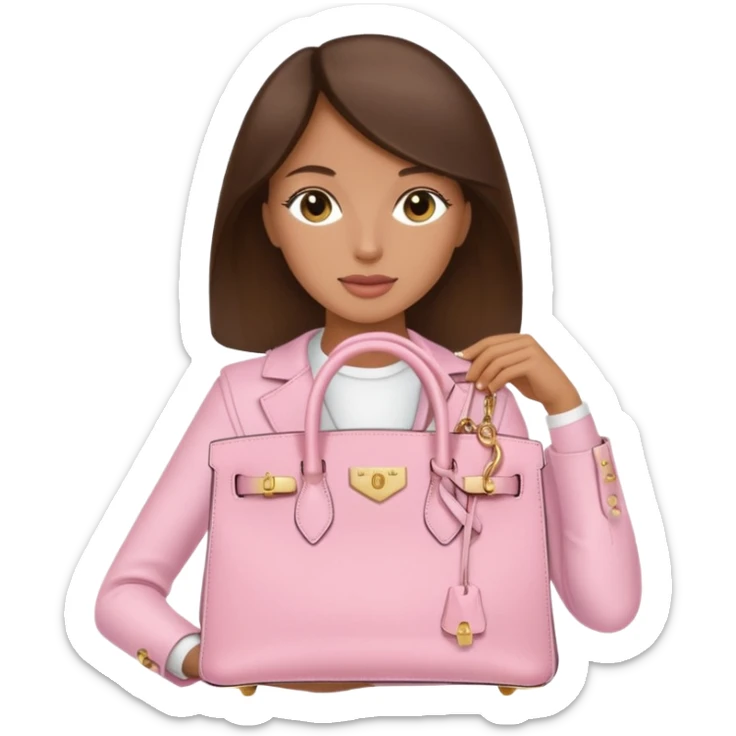 A brunette tan women holding a baby pink Birkin bag with gold hardware sticker