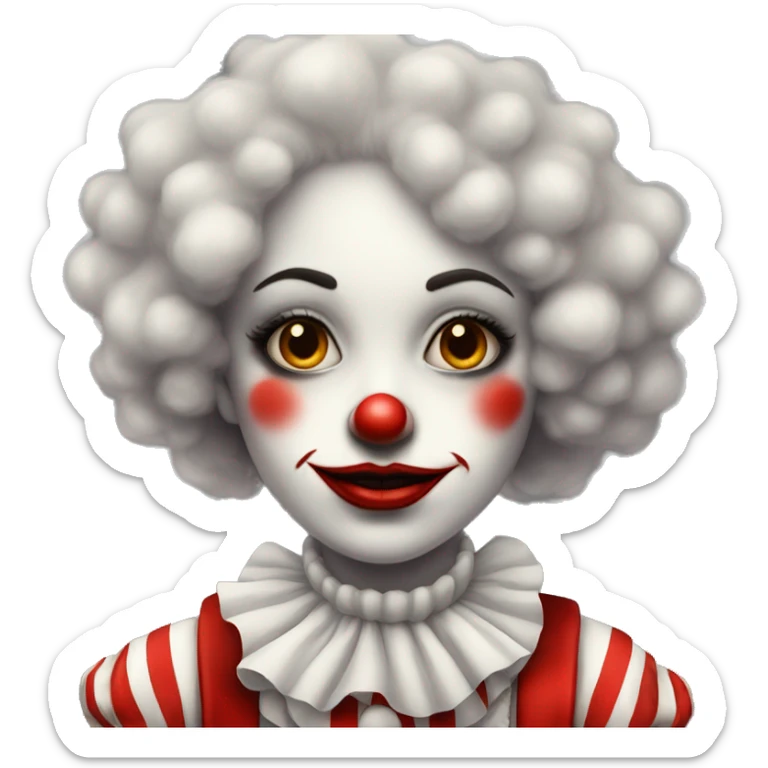 Old fashioned girl clown in fluffy collar with clown makeup in a white and red striped clown outfit  sticker