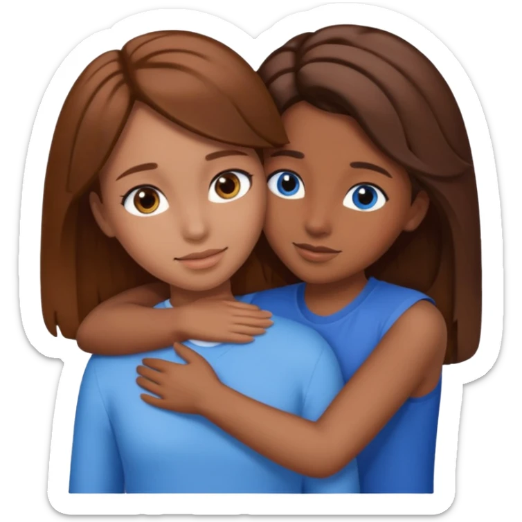 one girl with brown hair brown eyes,one girl with brown hair with blue eyes and they hugging sticker