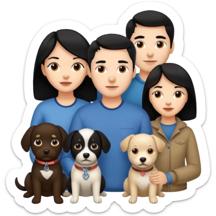 Una chica de pelo negro, con su pareja hombre y sus dos perritas una cafe y la otra negra sticker