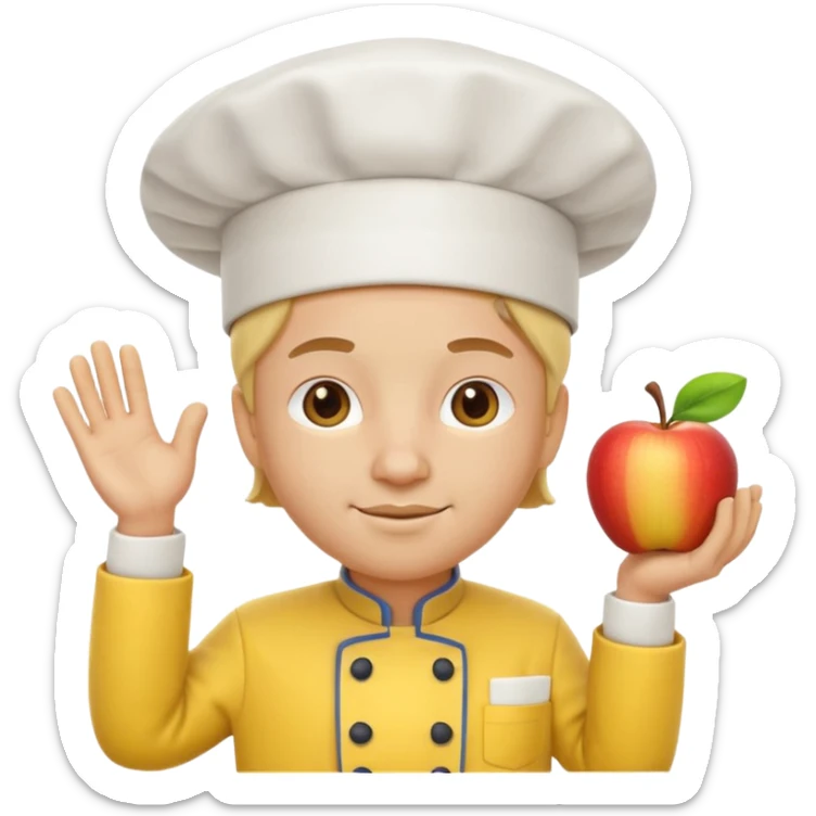 3D cartoon-style chef in the Apple emoji style, wearing a bright yellow chef uniform with hat sticker