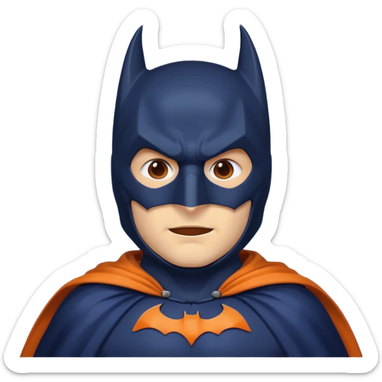 generate a batman emoji with just the face and neck showing and part of the cloak and and wings. Shade the mask in dark navy blue.  Shade the cloak in a solid vibrant orange. Shade the bat logo in a bright medium olive green. sticker